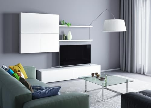 Bricozone Parete Attrezzata Soggiorno Moderna Bianco Mobile TV Con Pensile A Muro E Mensole Design Contemporaneo In Legno Melaminico Salvaspazio Arredo Salotto Completo Con Ante E Ripiani