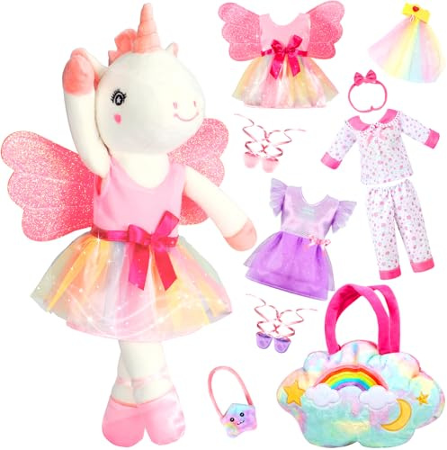 HUITEM Unicorn Toys for Girls Age 4-6, Ballerina Doll Stuffed Animal with 3 Set Clothes, Plush Bag, Accessories, 16 inch Unicorn Doll Toys Birthday Gift for 3 4 5 6 Year Old Little Girls