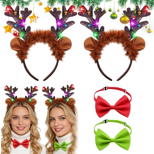 4 Stück Weihnachts haarreif Set, 2 Rentier Stirnband mit LED+2 Fliege | Verstellbar Bow Tie,Beleuchtete Stirnbänder,Haarschmuck Geweih Haarreif für Weihnachtsfeiern, Urlaub, Weihnachtsdekoration