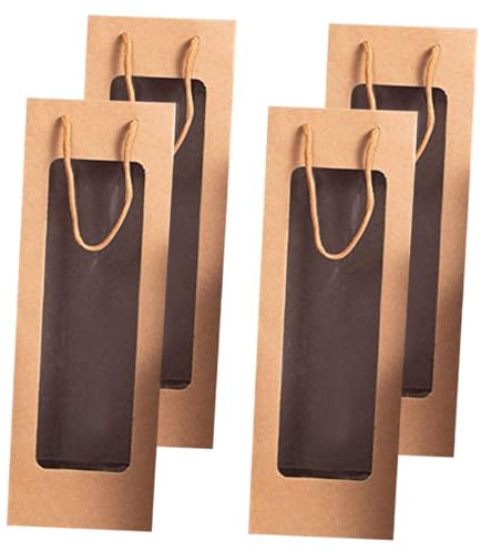 GARVALON 4 Stück Pack Kraftpapier Weintaschen mit Sichtfenster Papiertragetasche für Weinflaschen Robust und Wiederverwendbar Geschenktragetasche für Geburtstag Feier und Weinliebhaber