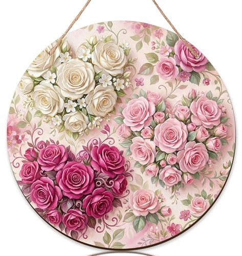 Cartello di benvenuto con rose per porta d'ingresso, fiori romantici e foglie primaverili in legno di pesco, benvenuto a casa, bella decorazione per la casa, set da 1
