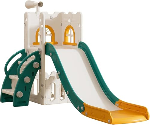Stena Spielhaus mit Rutsche, Basketballkorb, Ball & Spielzeug-Teleskop - Indoor & Outdoor - Spielturm - Spielgerät - Klettergerüst - Kleinkinder - Spielzeug für draußen
