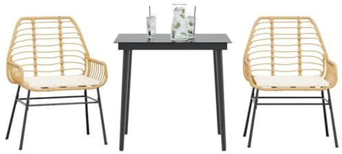 sephironlbb 3-TLG Garten-Essgruppe Braun Poly Rattan mit Kissen Sitzgruppe für Balkon Terrasse und Outdoor mit Glasplatte wetterfest und platzsparend für Gartenmöbel Set Lounge Garnitur