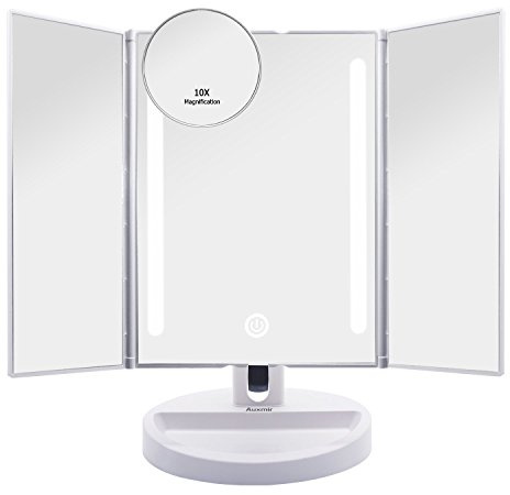 Auxmir Schminkspiegel mit Beleuchtung, Faltbar Kosmetikspiegel Tischspiegel mit 1X/10X Vergrößerung, LED Spiegel mit Touch Dimmbar Licht, Unterstützt USB und Batterie
