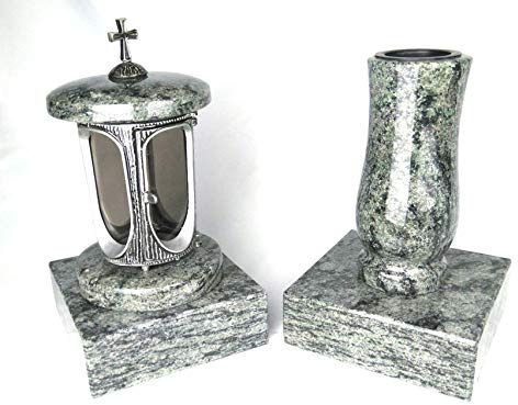 designgrab Runde Grablampe mit Kreuz & Vase aus Granit im Set mit 2 Sockeln – handgefertigt, wetterfest & poliert – Olive Green – grünlich