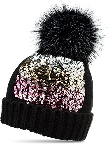 Caspar MU169 Damen Strick Winter Mütze mit Pailletten Dekor und großem Kunstfellbommel