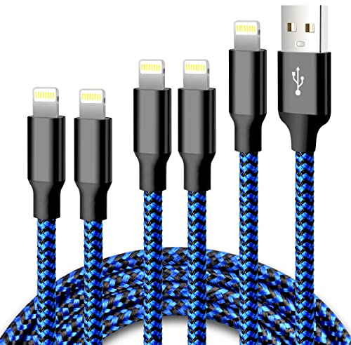 cugunu iPhone Charger, 5 Pack 3/3/6/6/10FT Apple MFi Certified USB Lightning Cable Nylon Braided Fast Charging Cord Compatible for iPhone 14/13/12/11/X/Max/8/7/6/5/SE/Plus/iPad - Black Blue