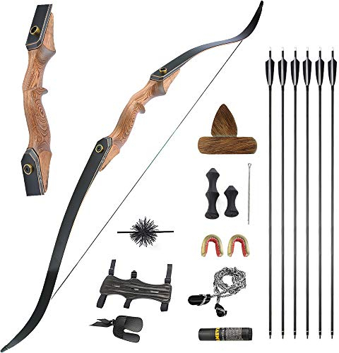 AMEYXGS 60 ” Bogenschießen Takedown Recurve Bogen Holz Riser 20-60lbs Bogen und Pfeil Set Jagdbogen Langbogen Outdoor Jagd Erwachsener Bogen Rechtshänder (Type 1: Bögen + Zubehör, 55lbs)