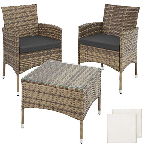 tectake® Poly Rattan Möbel Gartenset mit Wechselbezügen, 2 Stühle und Tisch mit Glasplatte, 2X Outdoor Lounge Sessel mit Armlehne und Gartentisch, Gartenmöbel Set, Balkonmöbel - Natur