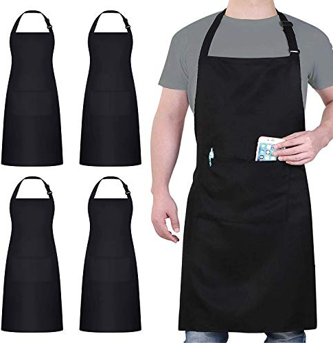 loteaf 4 Packs Chef Apron, Black Waterproof Apron, Adjustable Aprons with 2 Pockets for Men Women, Professional Aprons for Kitchen Cooking Gardening Painting Baking Restaurant (Black)