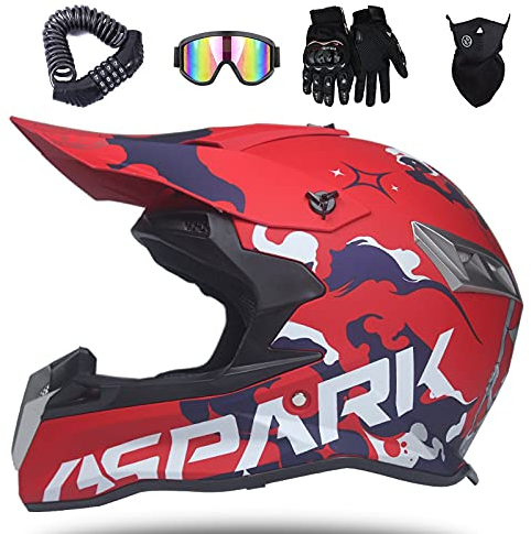 VOMI Motocross Helm Erwachsene Unisex Crosshelme Set mit Schutzbrillen Helmschloss Handschuhen und Gesichtsschirmen, Offroad Helm für Kinder BMX Off Road MTB Fahrrad Roller Enduro Downhill,Rot,M