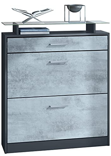 Vladon Schuhschrank Loret, Schuhkipper für 16 Paar Schuhe mit 2 Klappen, 1 Schublade und Glasablage, Anthrazit matt/Beton Oxid Optik, (89 x 104 x 23 cm).