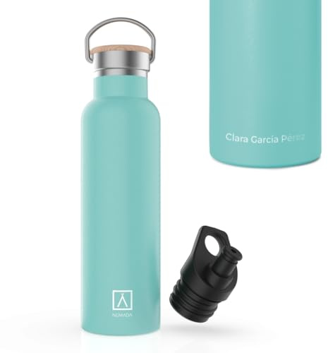 NuMADA-Flasche mit Name, 600 ml, Edelstahl, wasserdicht, mit Keramikbeschichtung, kalt 24 H und Wärme 12 H, breite Öffnung, BPA-frei, inkl. 2 Stück (1 Sport) / Transporttasche, grün,