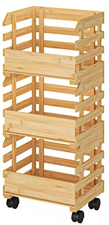 G.a HOMEFAVOR 3 Etagen Bambus Obsthorde mit Rollen, Obsthalter mit Rädern, Stapelkiste Für Obst Gemüse, Gemüsekiste Kartoffelkiste Gemüsehorde Kartoffelhorde, Obstregal mit Rollen Aufbewahrungswagen