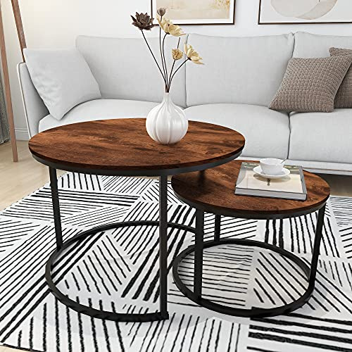 HOMERECOMMEND Runder moderner Nistbeistelltisch für Wohnzimmer, Balkon, Garten, etc, runder Couchtisch aus Holz mit massivem pulverbeschichtetem Metallrahmen, rustikales Braun/Schwarz
