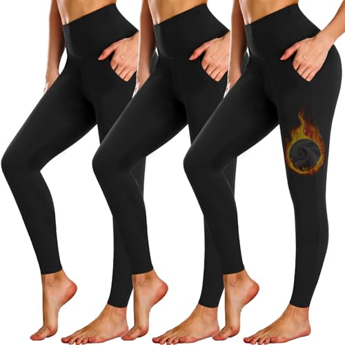 NEW YOUNG 3 Pack Fleece Lined Leggings Women with Pockets,Warm Winter Yoga Pants for Women Winter Clothing Thermal Black Leggings Women Soft High Waist Tummy Control Leggings Womens Fall Clothes