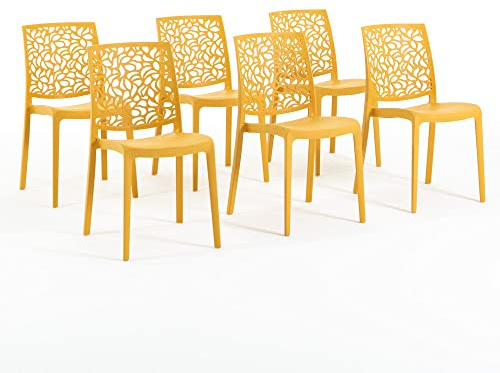 Sillas de resina moderna apilables de polipropileno con fibra de vidrio, para interior, cocina o comedor, exterior y jardín, sillas de restaurante y contract - Anna (6 Sillas, Amarillo mostaza)