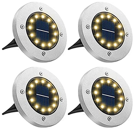 Bowfar 4 Paquetes Luces Solares LED Exterior Jardin Suelo, Lamparas Solares Suelo Camino con 12 LED, Blanco Cálido IP65 Impermeable Luz Solar Exterior Jardin para Césped, Entradas, Patios, Terraza