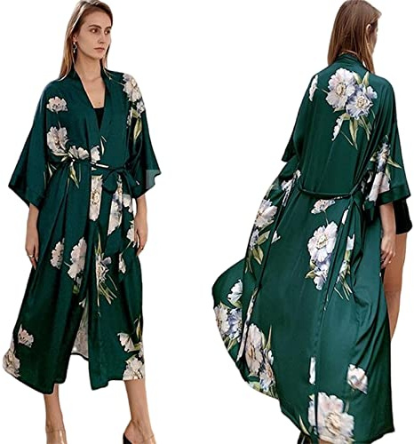 TOBILE Bata de satén para mujer, camisón de verano, lencería con estampado de flores, camisón con cuello en V, kimono, bata de baño, ropa de noche, ropa de descanso, flor verde oscuro, talla única