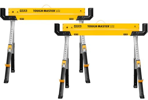 TOUGH MASTER Saw Horse 9-Position Height Adjustable Heavy Duty Steel Workbench 62-82cm Supports up to 590 kg Folding Saw Anti-Slip Top & Handle Sawhorse for Contractors, Carpenters, DIY (2)
