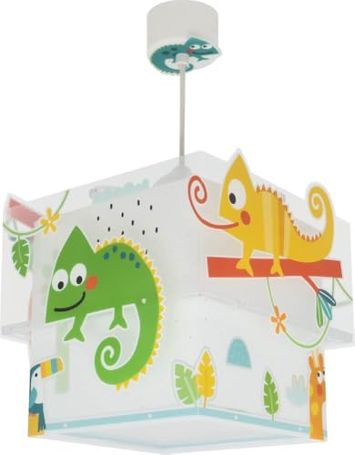 Dalber Lampe kinderzimmer, kinderlampe Pendelleuchte Hängelampe, Deckenleuchte Kinder, Deckenlampe kinderzimmer Happy Jungle Chamäleon Tiere Dschungel, 63312, E27