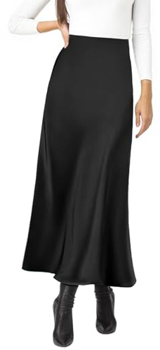 Amy Babe Women's Satin Silky High Waist Maxi Skirt Elegant Elastic Waistband A Line Long Skirts (Black, Medium)