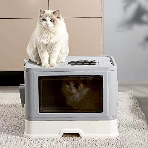 Bandeja de arena para gatos, gran casa de aseo plegable con tapa, bandeja de cajón y pala de caña, portátil, WC para gatos grandes y pequeños (48,5 x 36,5 x 38 cm, gris)