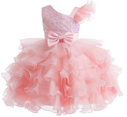 Miipat Niña Vestidos de un Hombro con Lentejuelas Princesa Sin Mangas Vestido de Dama de Honor de Boda Vestido de Tul para Fiesta Rosa 140 8-9 Años