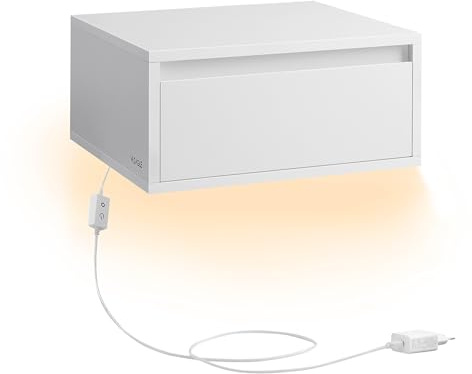 VASAGLE KAILYN Collezione - Comodino Pensile, Comodino Sospeso, Luce Regolabile, Cassetto, Mensola da Parete, 35 x 40 x 18 cm, Moderno, Camera da Letto Soggiorno, Bianco Nuvola LET654W01