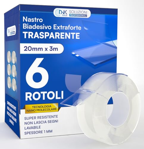 Nastro Biadesivo Extra Forte Trasparente Lavabile 6 Rotoli da 3 Metri | DNK TRADE Tecnologia Nano Micro Molecolare, 18 Metri Totali