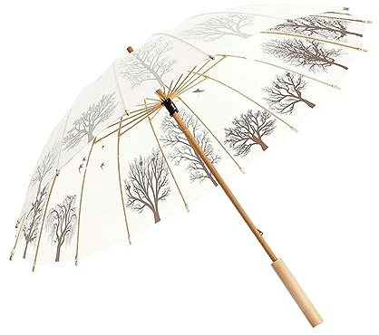 ZUOZUIYQ Langer Stockschirm, 16 Rippen, Winddicht, übergroßer Regenschirm, Holzgriff, Retro-Bäume-Druck, großes Baldachin, Golfschirm für Geschäftsreisen