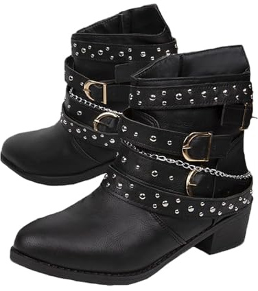 Agiyenna Damen Winter Stiefeletten mit Nieten Freizeit Herbst Winter Lederstiefel Elegant Retro Casual Stiefel mit Blockabsatz Bequeme Einfarbiger Biker Boots mit Schnalle