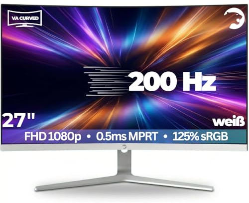 GAMEPOWER Vivid T50 Curved 27 Zoll Gaming Weiß Monitor, 200Hz, Full HD 1920x1080p, VA Panel, 0,5 ms, 125% sRGB, FreeSync & G-Sync, White PC Bildschirm, integrierte Lautsprecher