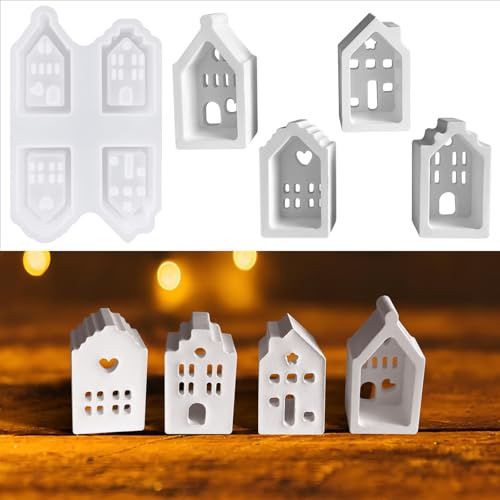 Silikonform Haus, 4 pcs Silikonformen Gießformen Häuser Mini, Gießform Haus,Raysin Weihnachten, Gipsformen Zum Gießen Kerzenhalter, Geeignet für Den Guss Von Rayin-Gießpulver (Style 1)