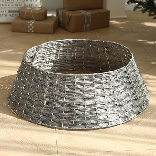 Weihnachtsbaum Deko Weihnachtsbaum Rock, Weihnachtsdeko Weihnachtsbaumständer Abdeckung, Weihnachtsbaumring Rattan, Weihnachtsbaum Korb Christbaumständer Abdeckung für Christbaumschmuck (Grau, 65CM)