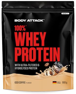 Body Attack 100% Whey Protein - Iced Coffee - 900 g - Made in Germany - Extra cremiges Eiweißpulver mit Hydrolysat & BCAA´s, unterstützt Muskelaufbau und Diäten - Für Sportler & Athleten | cremiges Eiweißpulver mit Hydrolysat und BCAA´s, unterstützt Muskelaufbau und Diäten, Made in Germany