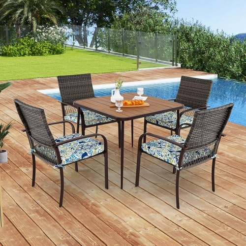 GIANTEX Rattan Gartenmöbel Set, Garten Sitzgruppe Outdoor für 4 Personen, Garten Essgruppe 4 Stühlen mit Tisch, Terrasenmöbel Gartenstühle mit Kissen, Gartengarnitur Gartentisch aus WPC mit Schirmloch