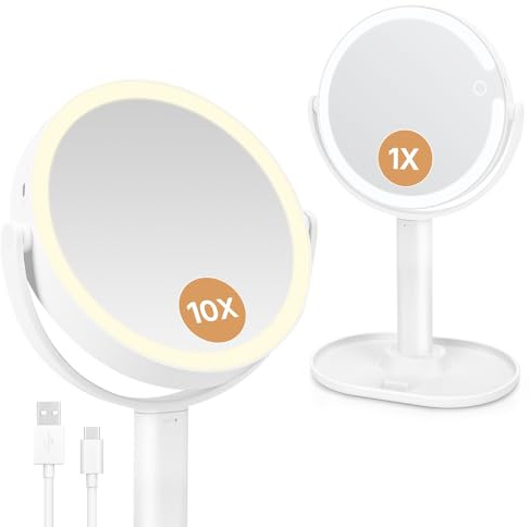 WSIYOK Schminkspiegel mit Beleuchtung, LED Kosmetikspiegel Doppelseitig, 1X 10X Spiegel mit Licht Rund 360° Drehbar, 3 Farblicht Dimmbare Helligkeit, Vergrößerungsspiegel für Reisen Badezimmer