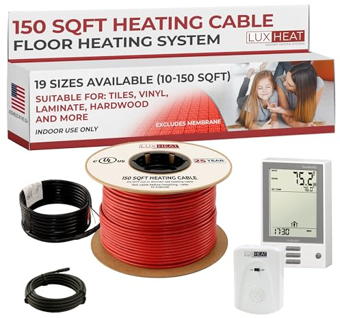 LuxHeat 150sqft Floor Heating Cable Kit - 120v Under Laminate Floor Heating System - Heated Flooring System Includes UDG Programmable Thermostat w/GFCI, Heater Cable, Alarm & Flooring Sensor