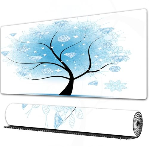 FEHWI 90×40 cm Verlängertes großes Mauspad Schreibtischauflage,Baum, Fee Blumen Winterbaum mit Diamant-Blättern auf Zweigen Digitaldrucke,genähte Kanten Gaming mauspads,rutschfeste Gummibasis