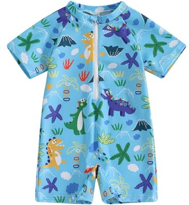 Geagodelia Toddler Baby Boy Swimsuit with Hat Zip Up Short Sleeve All in One Swimming Costume UV Sun Protection Swimwear One Piece Swimming Suit Rash Guard Sunsuit (Dinosaur Blue, 18-24 Months)