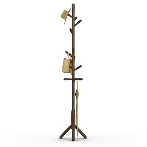 Awatiwa Garderobenleiste aus Massivholz, freistehende Baumgarderobe mit 11 Haken(+ 2 Ersatzteil),3 verstellbare Größen, Hutständer für Schlafzimmer/Büro/Eingangsbereich(3-Bein-Basis, Dunkles Walnuss)