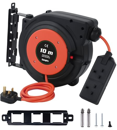 EnergyPro Avvolgicavo resistente da 15 m con spina britannica BS1363 - 2300 W max, 230 V, struttura in polipropilene, oltre 6000 cicli, protezione da sovraccarico, cavo flessibile montabile a parete