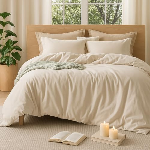 Sedefen Bettwäsche 155x220 cm Baumwolle Beige,Oeko-TEX zertifizierte | Baumwollbettwäsche,Renforce Bettwäsche,Leinenoptik Bettwäsche für Allergiker,Bettbezug mit Reißverschluss 1 Kissenbezug 80x80