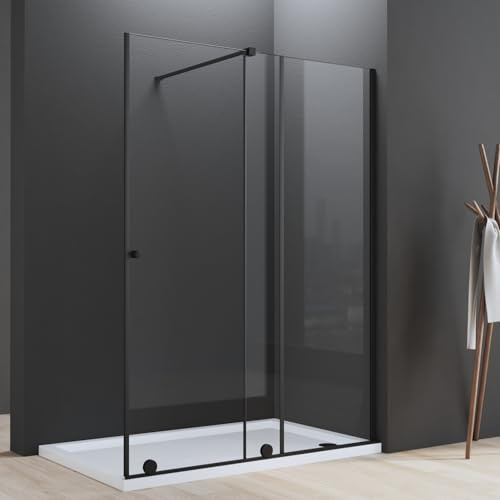 Walk in Duschwand mit Schiebetür Walk In Dusche 140x185cm 6mm ESG Sicherheitsglas Duschkaine Duschtür Schiebetür Duschabtrennung Duschtrennwand Echtglas-Dusche, Links und Rechts montierbar, Schwarz