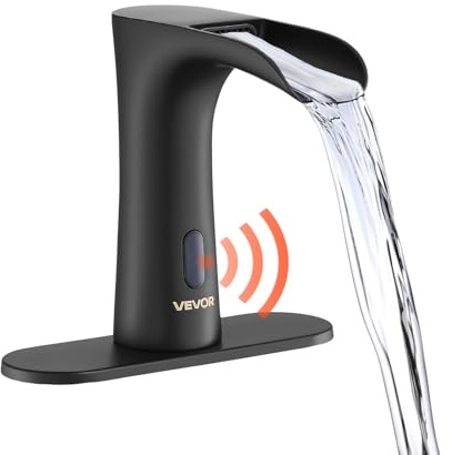 VEVOR Grifo de Lavabo Automático sin Contacto para Baño, Latón, con Sensor y Tapa, Grifo a Pilas, Cascada Semi-Cerrada, Recubrimiento Electroforético, 7,6 L/min, Negro Mate, 160 x 62 x 145 mm