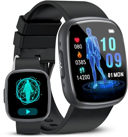 OIKKEI 2025 Neu Smartwatch mit EKG+HRV/BMI, 1.72'' HD Gesundheitsuhr mit 24H Herzfrequenz, Anruf, Schlafmonitor, Fitnessuhr für Android iOS, Kohlschwarz