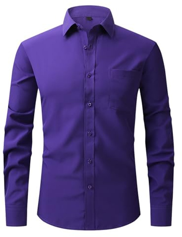 UHouse Hemd Herren Langarm Slim Fit Herrenhemd Baumwolle Freizeithemd Business Hemden Leichte Stehkragenhemd Stretch Anzug Bequeme Arbeitshemd Basic Oberhemden Lila M