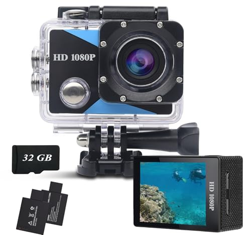 Nvgfelis Caméra Sport 1080P avec Carte Mémoire 32GB, 12MP Caméra d'action avec Écran LCD 2, Caméra Étanche 30M, 2 Batteries et Kit d'Accessoires pour Casque, Vélo et Plus