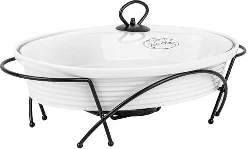 FESTA ITALIA Auflaufform Keramik mit Deckel - 2.5L - Lasagne Oval Form Groß - Weiss Auflaufformen mit Ständer Tealight - Ofenform - Backform - Lasagneform - Casserole Dish - Großkeramik